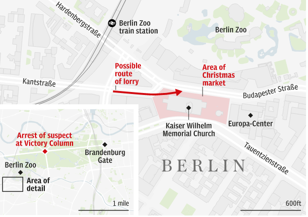 
Chiếc xe lao vào khu chợ giáng sinh ở Berlin. (Đồ họa: Telegraph)
