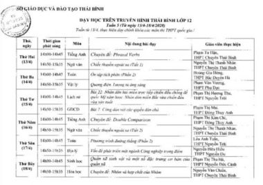 Lịch dạy học trên truyền hình cho học sinh cả nước từ 13-18/4