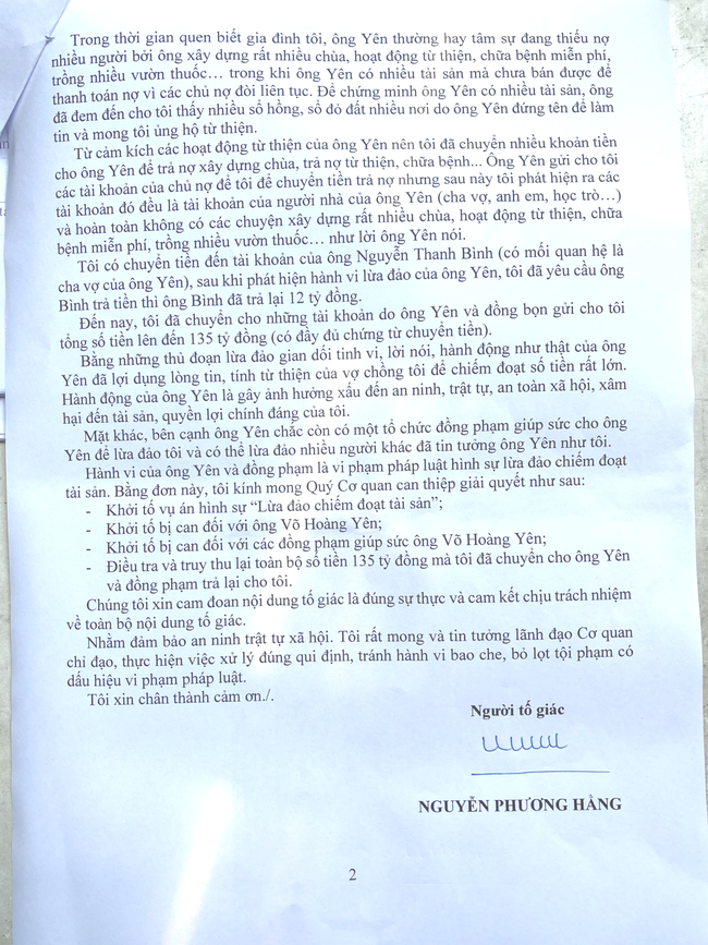 Vợ ông Dũng “lò vôi” gửi đơn tố cáo lương y Võ Hoàng Yên “lừa đảo chiếm đoạt tài sản” - Ảnh 2.