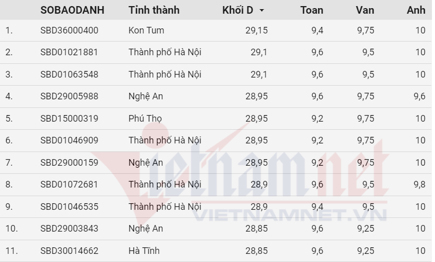 Thủ khoa khối D ở Kon Tum, đạt 29,15 điểm