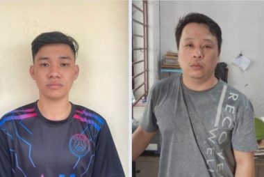 Hai thanh niên Lộc, Minh (từ trái qua) nổ súng vào công nhân trước cổng công ty tại thị xã Bến Cát, tỉnh Bình Dương - Ảnh: T.D.