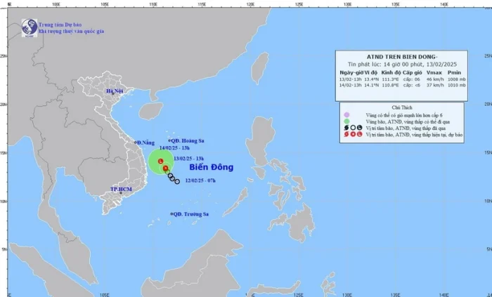 Vị trí và đường đi của áp thấp nhiệt đới. (Nguồn: Trung tâm Dự báo Khí tượng Thủy văn Quốc gia)